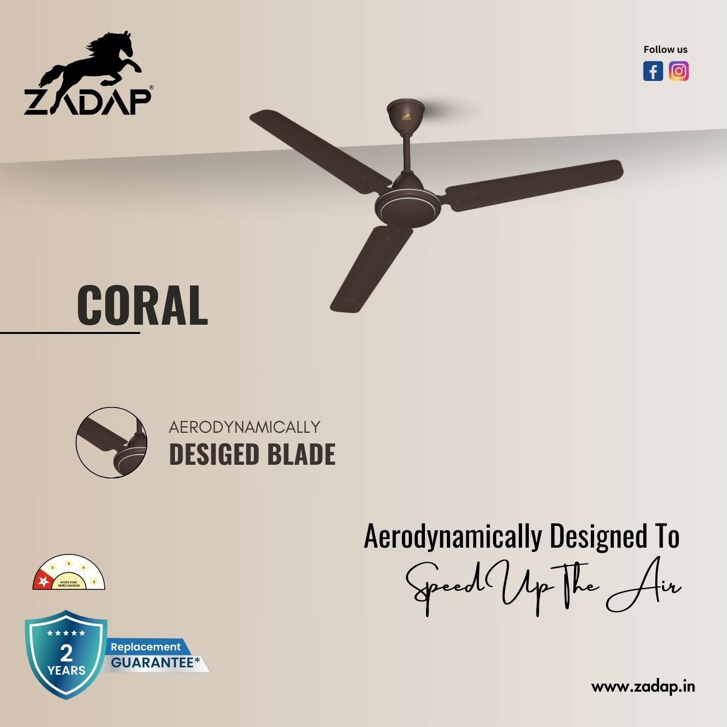 Side view of ZADAP Coral 1200mm ceiling fan