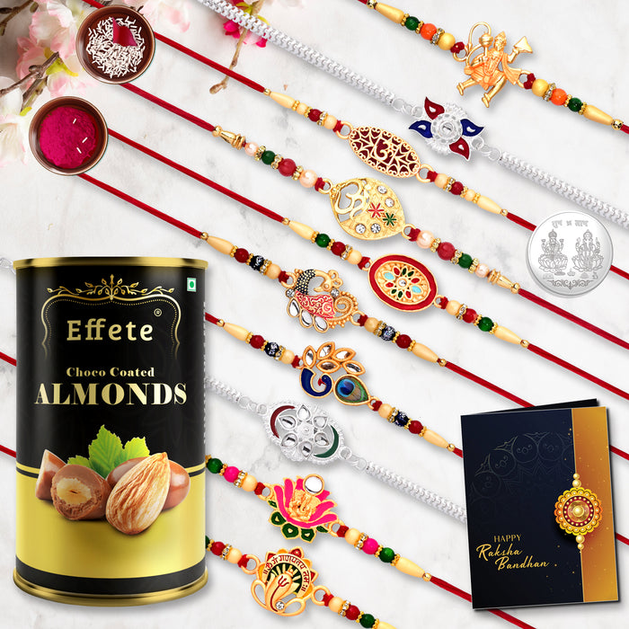 10 Rakhi Set With Golden Color Traditional And Silver Color Rakhi With Effete Choco Almond Chocolate 96Gm ,Silver Color Pooja Coin, Roli Chawal & Greeting Card