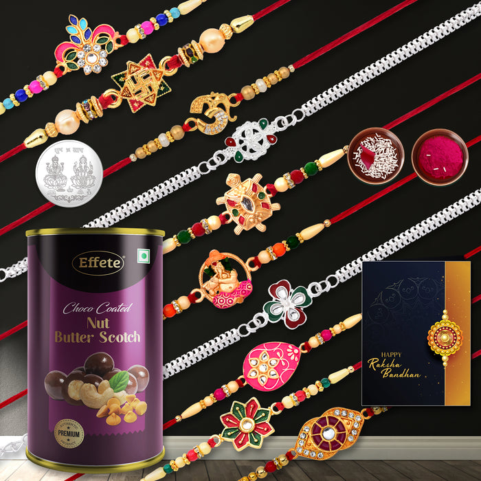 10 Rakhi Set With Golden Color Traditional And Silver Color Rakhi With Effete Butterscotch Chocolate 96Gm ,Silver Color Pooja Coin, Roli Chawal & Greeting Card