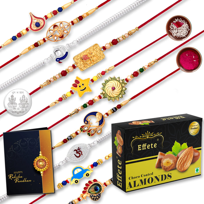 10 Rakhi Set With Golden Color Traditional And Silver Color Rakhi With Effete Choco Almond Chocolate 32Gm ,Silver Color Pooja Coin, Roli Chawal & Greeting Card