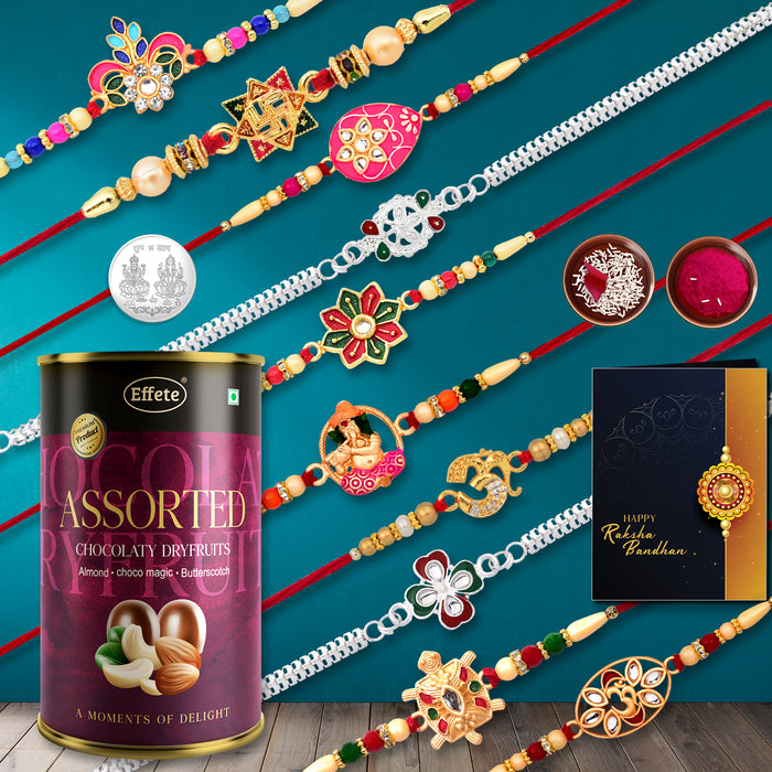 10 Rakhi Set With Golden Color Traditional And Silver Color Rakhi With Effete Assorted Chocolate 96Gm ,Silver Color Pooja Coin, Roli Chawal & Greeting Card