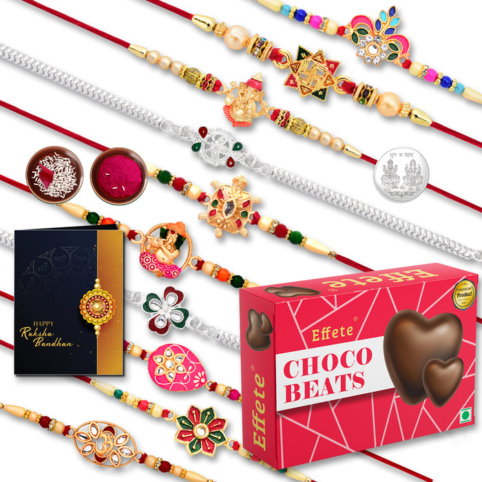 10 Rakhi Set With Golden Color Traditional And Silver Color Rakhi With Effete Choco Beats Chocolate 32Gm ,Silver Color Pooja Coin, Roli Chawal & Greeting Card