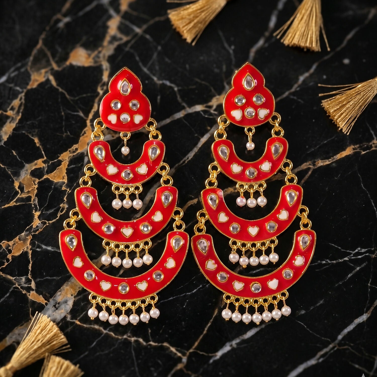 Peach Layered Chandbali Earrings with Pearl Drops for Women