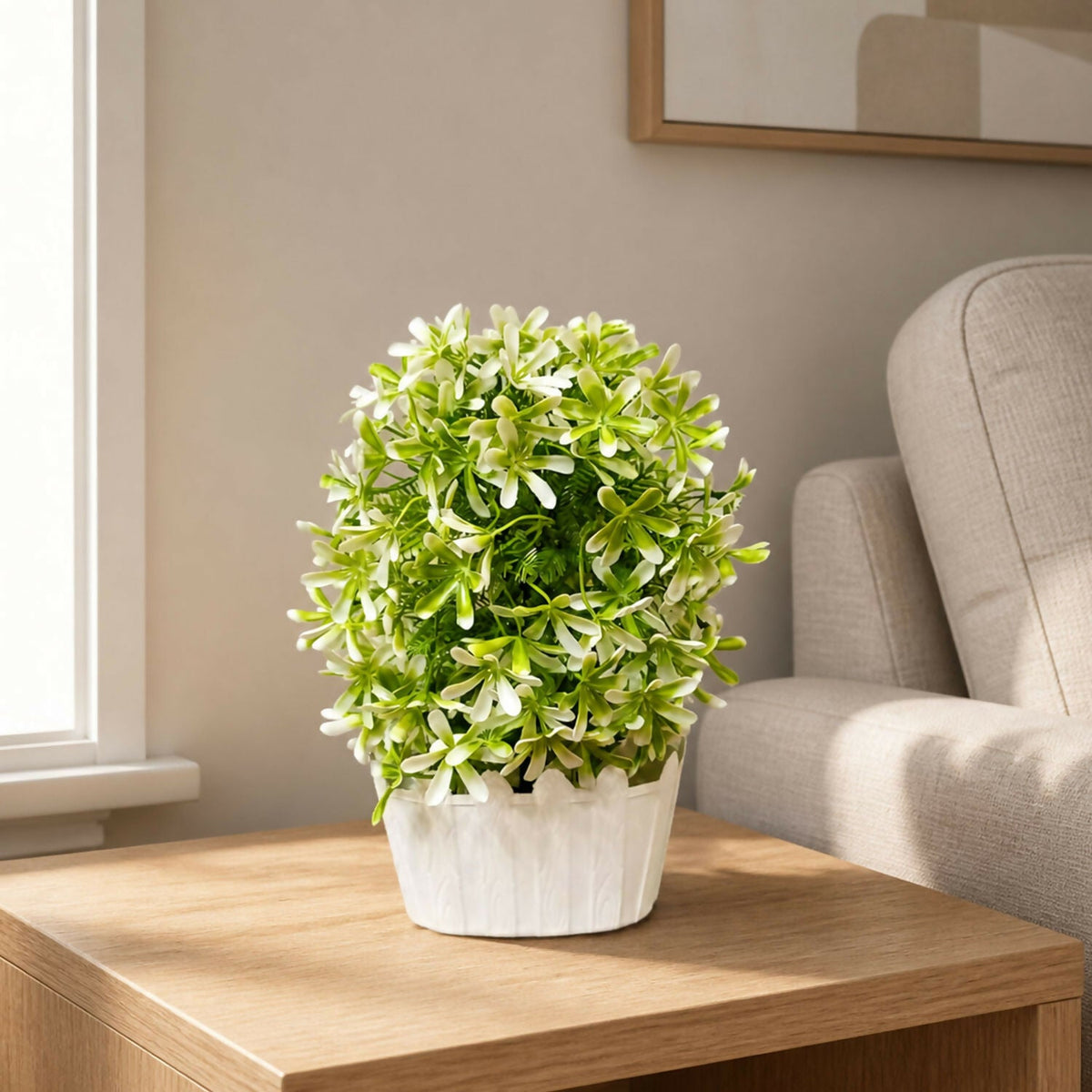 Artificial Green White Flower Plant Decorative Pot Home Office Table Centerpiece Decor