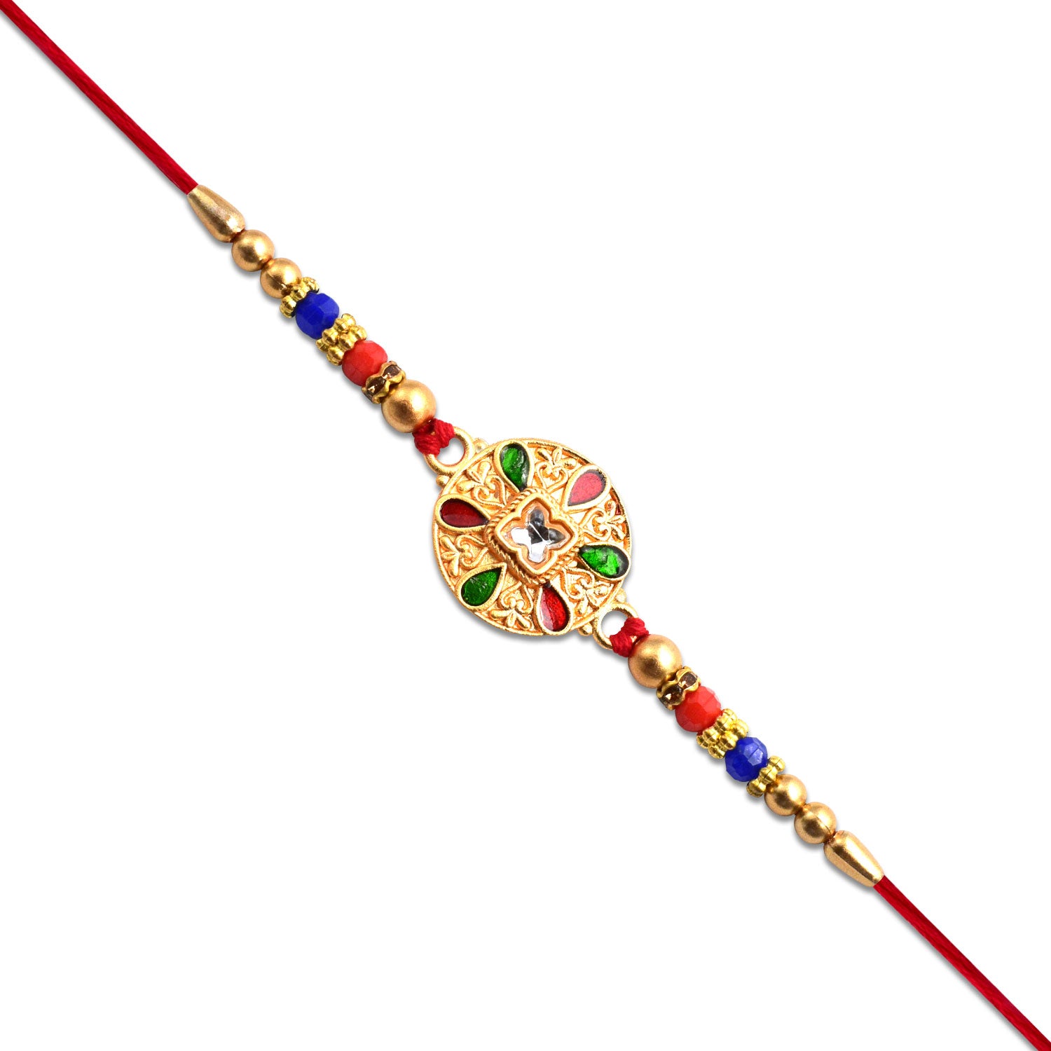Traditional Meenakari Rakhi with gold beads & vibrant design on white background