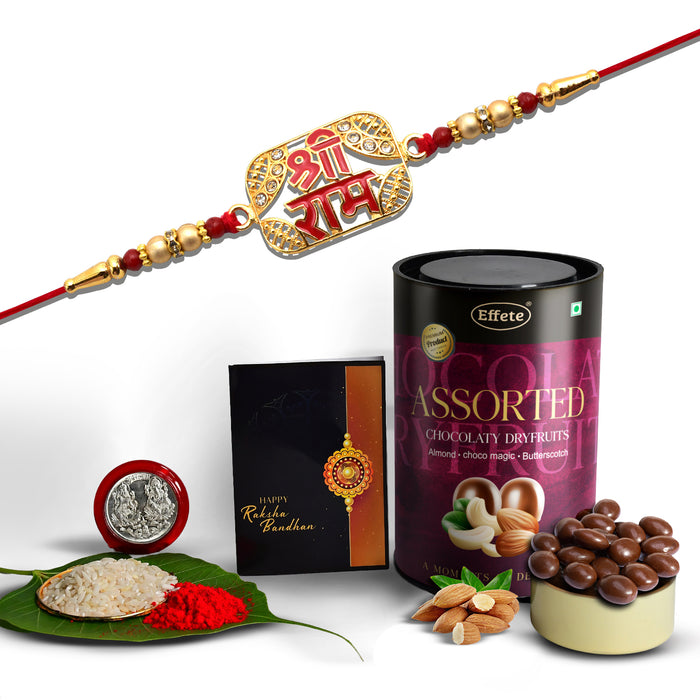 Shree Ram On Square With Beads With Effete Assorted Chocolate 96Gm ,Silver Color Pooja Coin, Roli Chawal & Greeting Card