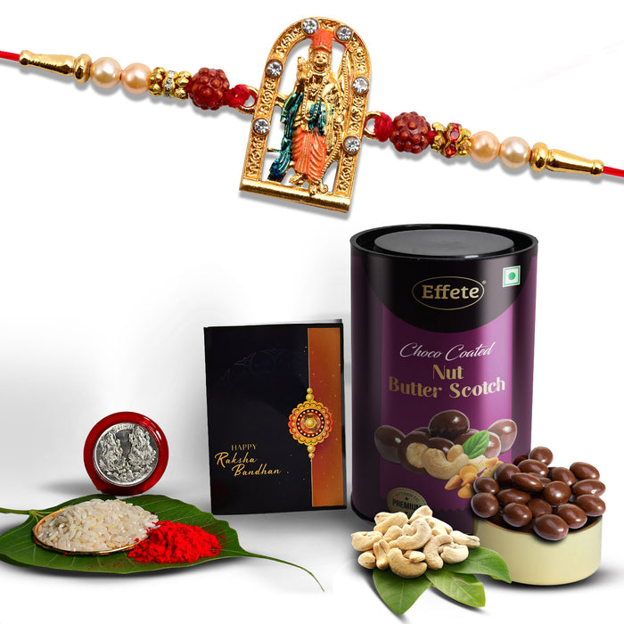 Shree Ram With Rudraksha Beads With Effete Butterscotch Chocolate 96Gm ,Silver Color Pooja Coin, Roli Chawal & Greeting Card