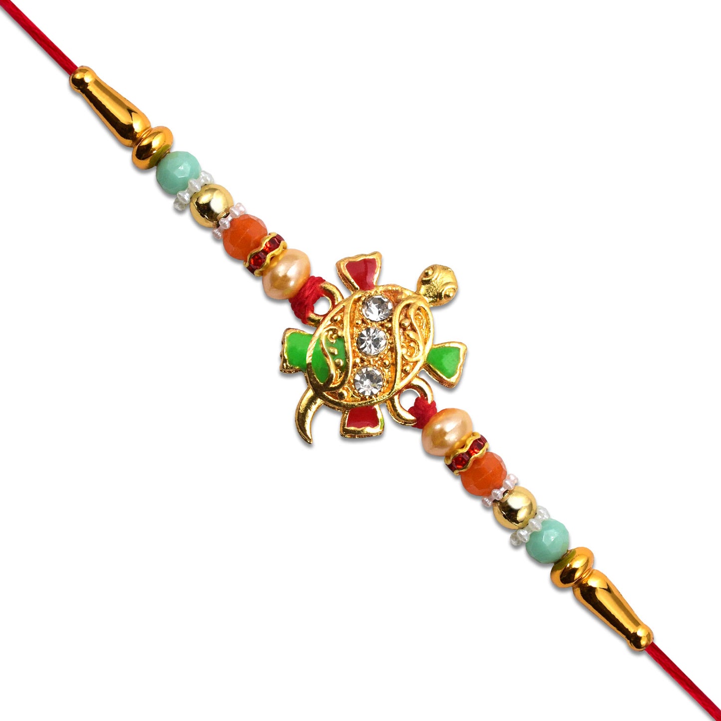 Tortoise design rakhi with colorful beads displayed