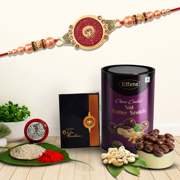 Red Circle Shape With Beads With Effete Butterscotch Chocolate 96Gm ,Silver Color Pooja Coin, Roli Chawal & Greeting Card