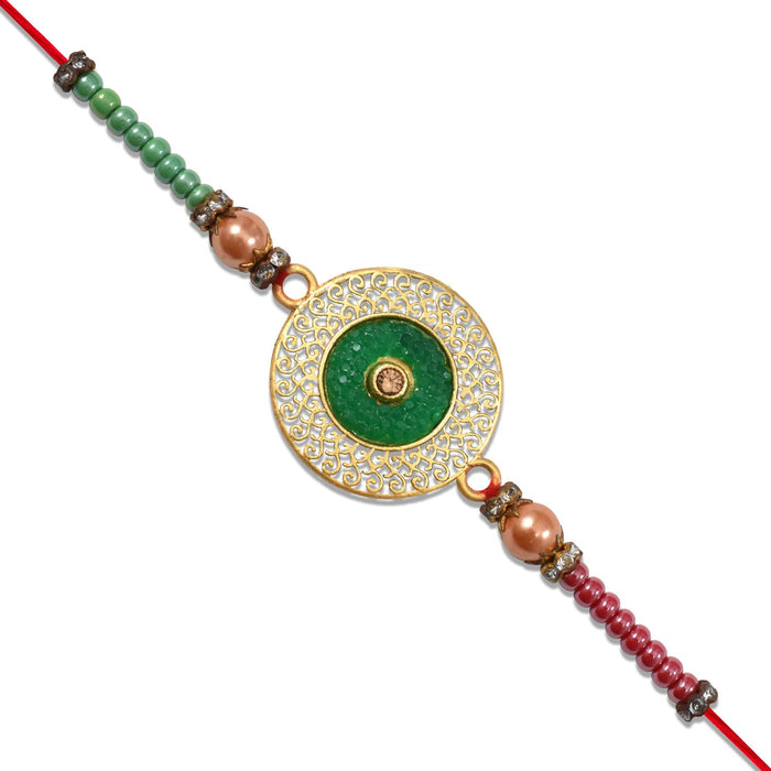 Elegant Rakhi Bracelet Set with Religious Emblems and Ritual Essentials