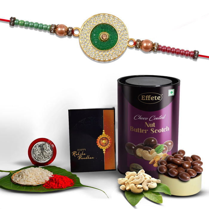 Green Circle Shape With Beads With Effete Butterscotch Chocolate 96Gm ,Silver Color Pooja Coin, Roli Chawal & Greeting Card