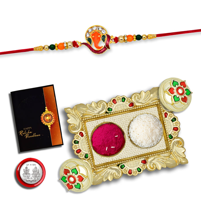Ganesh With Diamond And Beads With Square Pooja Thali Set ,Silver Color Pooja Coin, Roli Chawal & Greeting Card