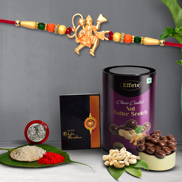 Hanuman Ji Design With Beads With Effete Butterscotch Chocolate 96Gm ,Silver Color Pooja Coin, Roli Chawal & Greeting Card