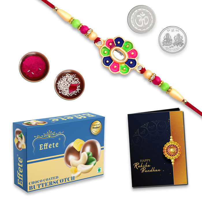 Colorful Beads Circle Shape With Effete Butterscotch Chocolate 32Gm ,Silver Color Pooja Coin, Roli Chawal & Greeting Card