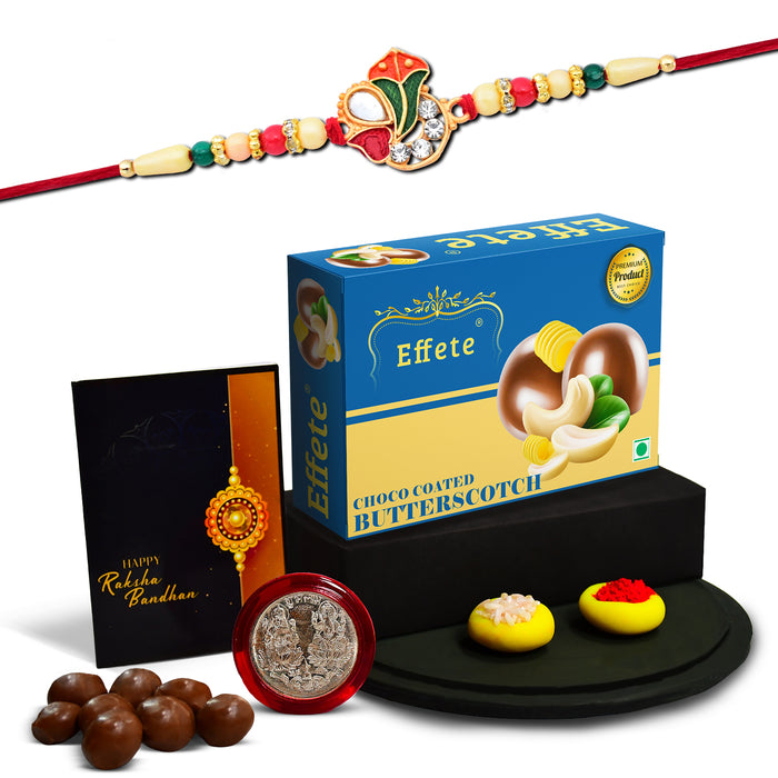 Om Design With Colorful Beads With Effete Butterscotch Chocolate 32Gm ,Silver Color Pooja Coin, Roli Chawal & Greeting Card