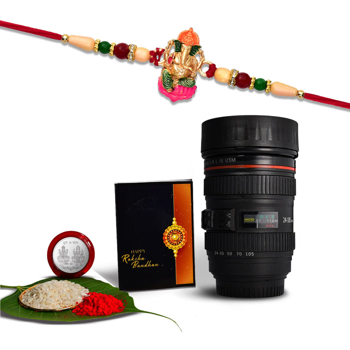 Lord Ganesha With Colorful Design And Beads With Coffee Camera Lense Mug ,Silver Color Pooja Coin, Roli Chawal & Greeting Card