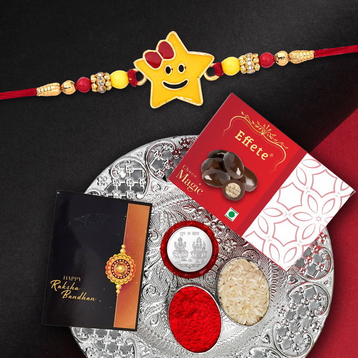 Smily Star Shape Kids Rakhi With Effete Magic Chocolate 32Gm With Pooja Thali ,Silver Color Pooja Coin, Roli Chawal & Greeting Card