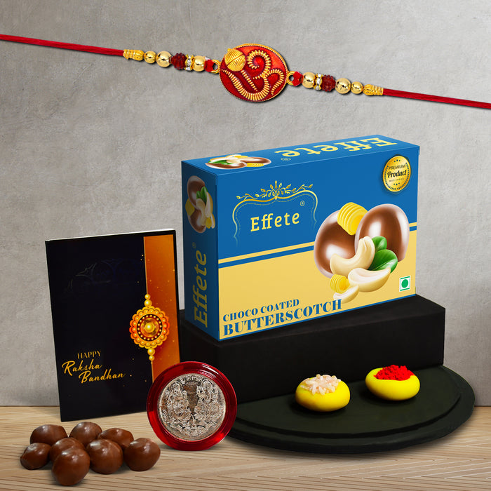 Classic Design With Colorful Beads With Effete Butterscotch Chocolate 32Gm ,Silver Color Pooja Coin, Roli Chawal & Greeting Card