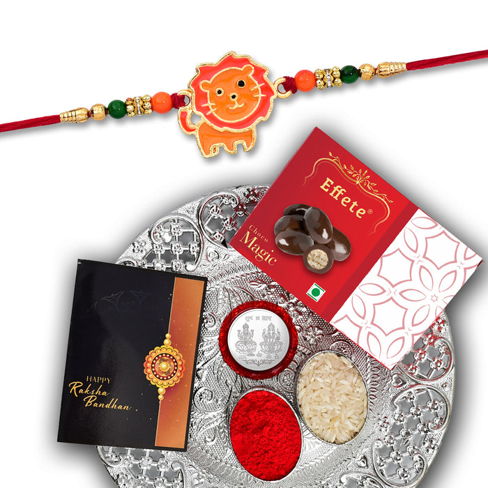 Cute Lion Kids Rakhi With Effete Magic Chocolate 32Gm With Pooja Thali ,Silver Color Pooja Coin, Roli Chawal & Greeting Card