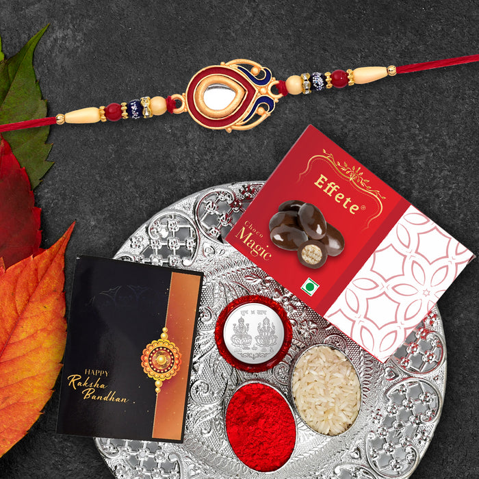 Golden Color Rakhi With Beads And Diamond With Effete Magic Chocolate 32Gm With Pooja Thali ,Silver Color Pooja Coin, Roli Chawal & Greeting Card
