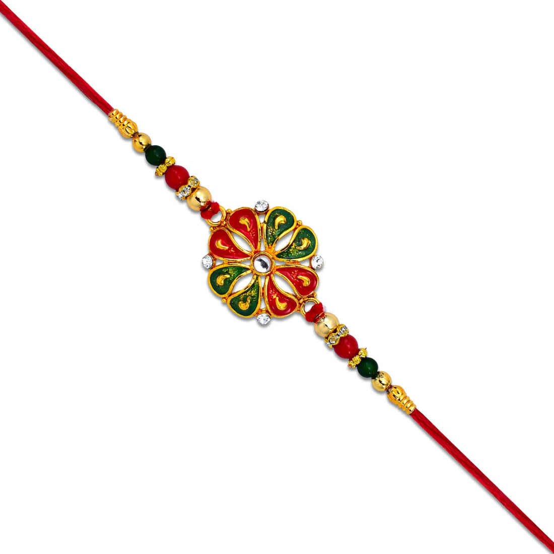 Flower Rakhi for Brother – Enamel & Golden Beads Design