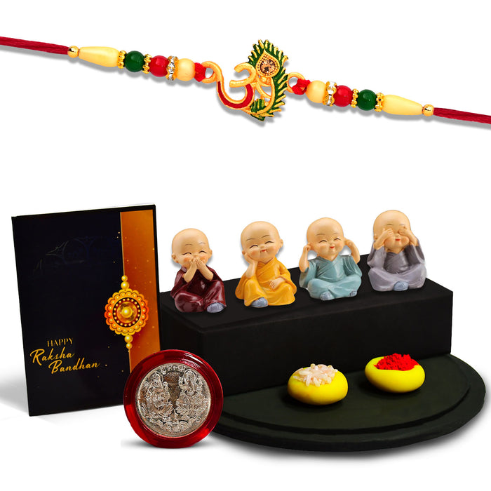 Om Rakhi With Morpichh With Decorative Baby Buddha Gift ,Silver Color Pooja Coin, Roli Chawal & Greeting Card