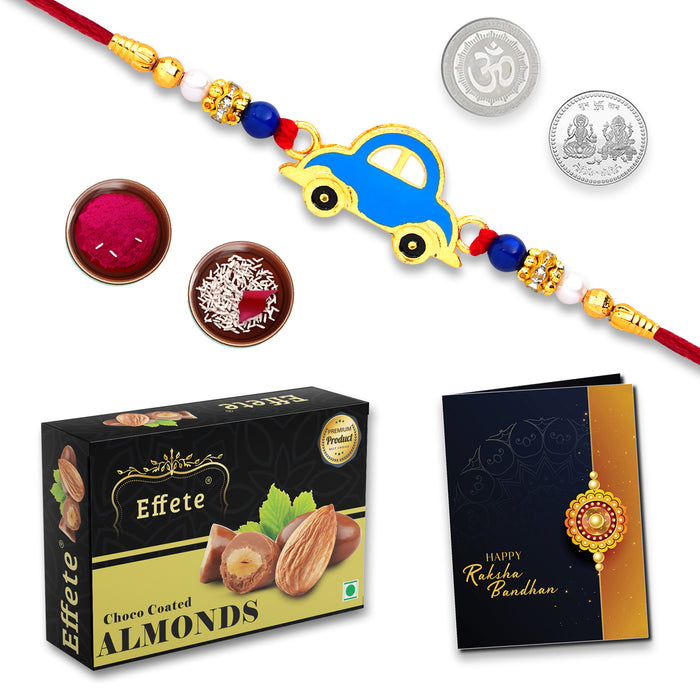 Car Rakhi Combo with Effete Choco Almond 32gm, Silver Color Pooja Coin, Roli Chawal & Greeting Card