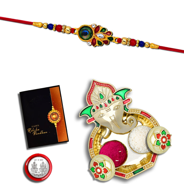 Morpichh Color Rakhi With Mina Work With Ganesha Pooja Thali Set ,Silver Color Pooja Coin, Roli Chawal & Greeting Card