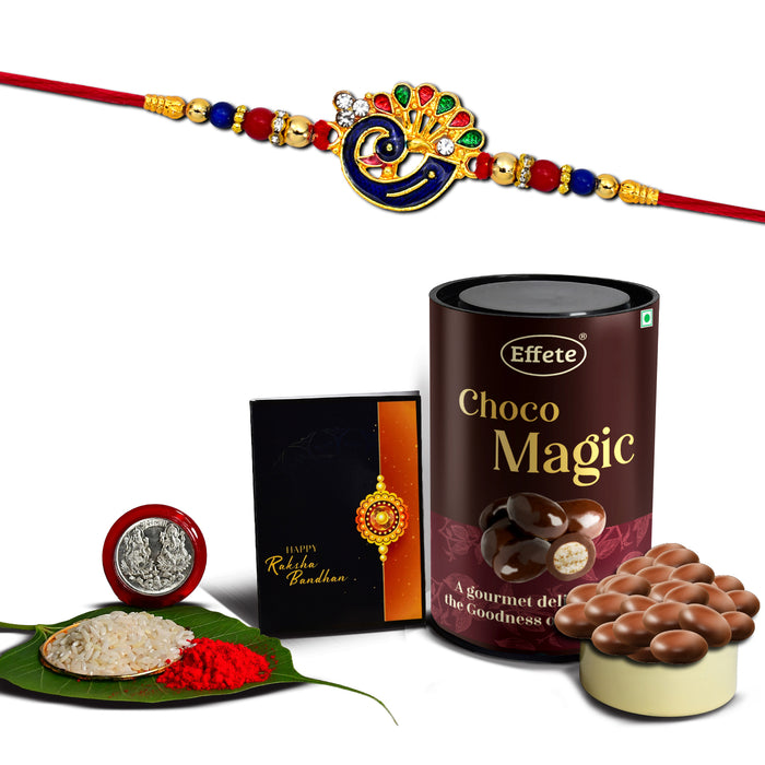 Peacock Design With Red & Green Mina With Effete Magic Chocolate 96Gm ,Silver Color Pooja Coin, Roli Chawal & Greeting Card