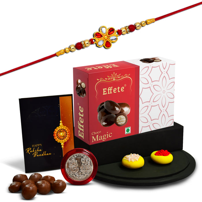 Flower Shape With Red & White Mina With Effete Magic Chocolate 32Gm ,Silver Color Pooja Coin, Roli Chawal & Greeting Card