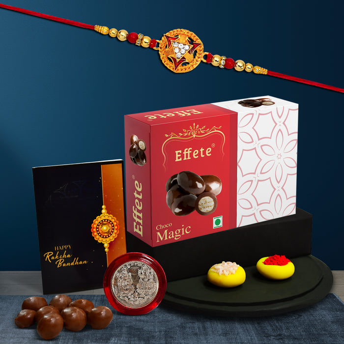 Circle Shape With Red & Golden Color Beads With Effete Magic Chocolate 32Gm ,Silver Color Pooja Coin, Roli Chawal & Greeting Card