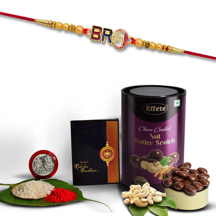 Green-Golden Circle Design With Effete Butterscotch Chocolate 96Gm ,Silver Color Pooja Coin, Roli Chawal & Greeting Card