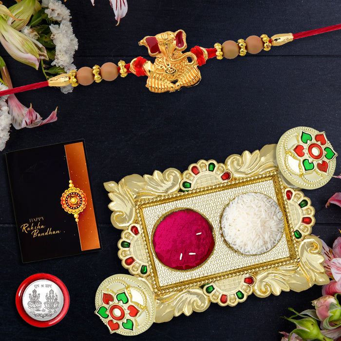 Ganesh With Beads Rakhi With Square Pooja Thali Set ,Silver Color Pooja Coin, Roli Chawal & Greeting Card