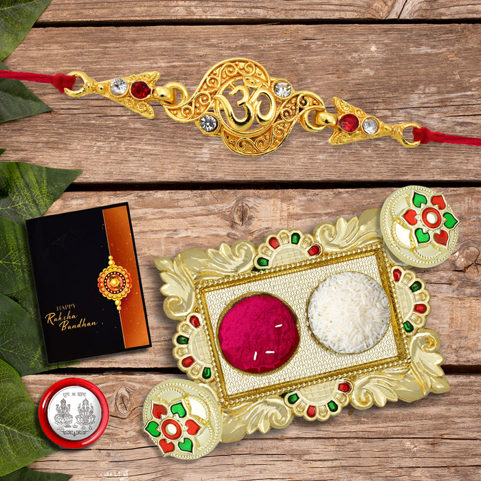 Om Rakhi With Diamonds And Traditional Look With Square Pooja Thali Set ,Silver Color Pooja Coin, Roli Chawal & Greeting Card