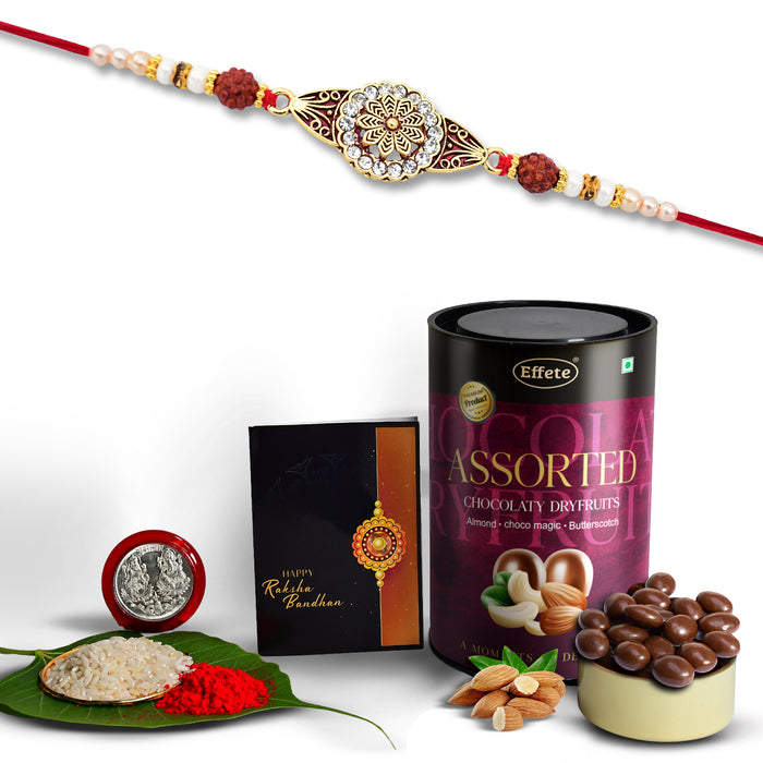 Flower Rakhi Combo with Effete Assorted Chocolate Dry fruits 96gm, Silver Color Pooja Coin, Roli Chawal & Greeting Card