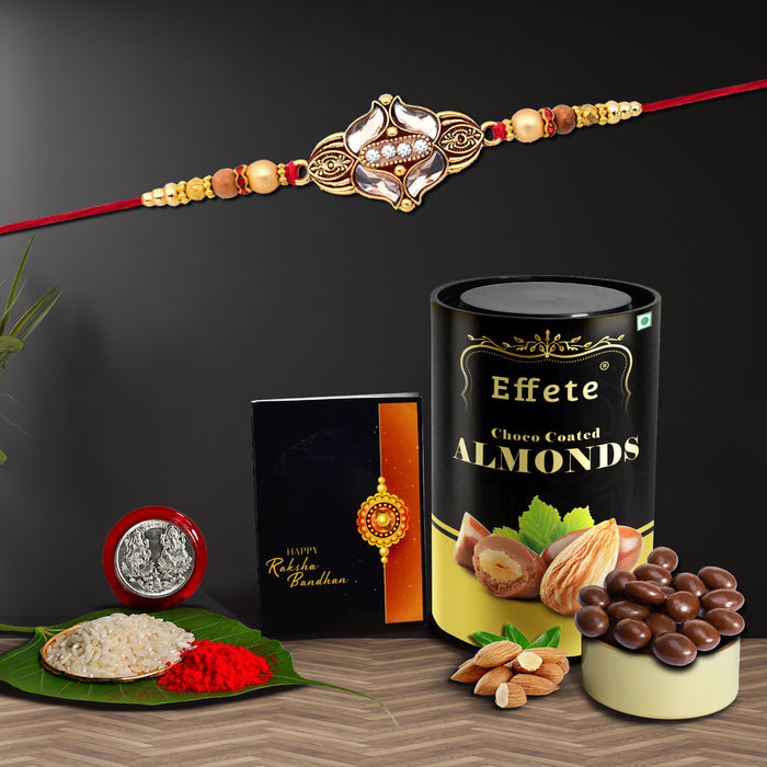 Classic Design With Colorful Beads With Effete Choco Almond Chocolate 96Gm ,Silver Color Pooja Coin, Roli Chawal & Greeting Card
