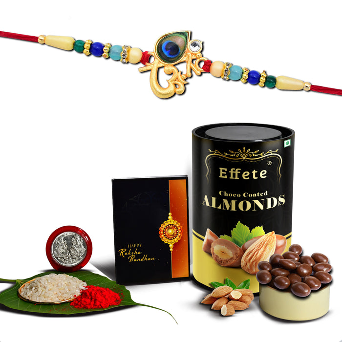 Om Design With Peacock Feather With Effete Choco Almond Chocolate 96Gm ,Silver Color Pooja Coin, Roli Chawal & Greeting Card
