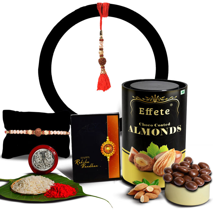 Bright Rakhi With Colorful Beads And A Shiny Center With Effete Choco Almond Chocolate 96Gm ,Silver Color Pooja Coin, Roli Chawal & Greeting Card