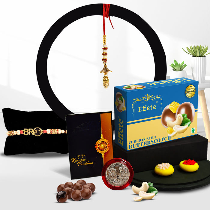 Red & Blue Mina With Diamond And Beads Rakhi With Effete Butterscotch Chocolate 32Gm ,Silver Color Pooja Coin, Roli Chawal & Greeting Card