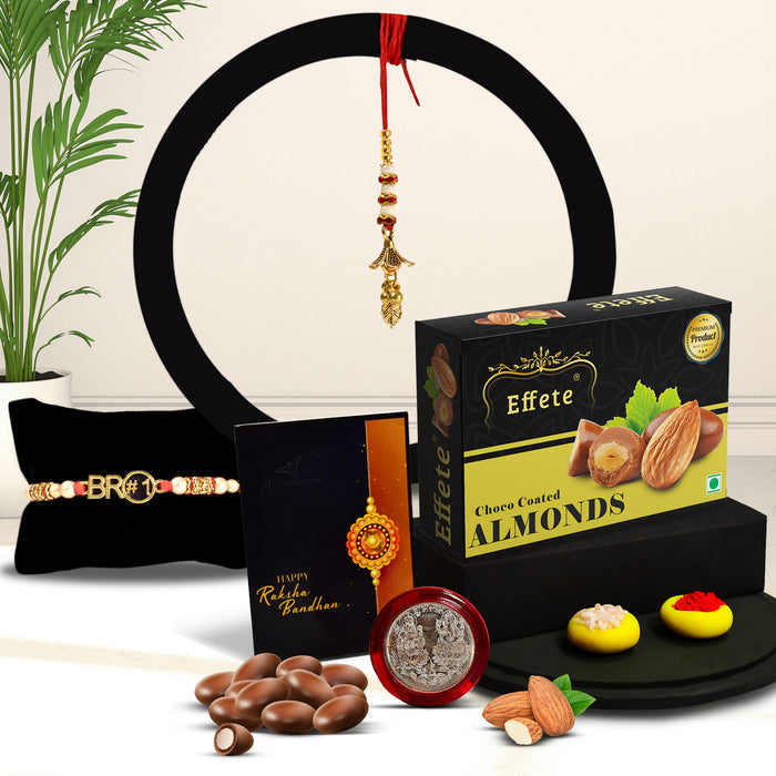 Red & Blue Mina With Diamond And Beads Rakhi With Effete Choco Almond Chocolate 32Gm ,Silver Color Pooja Coin, Roli Chawal & Greeting Card
