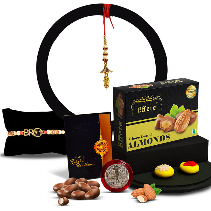 Red & Blue Mina With Diamond And Beads Rakhi With Effete Choco Almond Chocolate 32Gm ,Silver Color Pooja Coin, Roli Chawal & Greeting Card