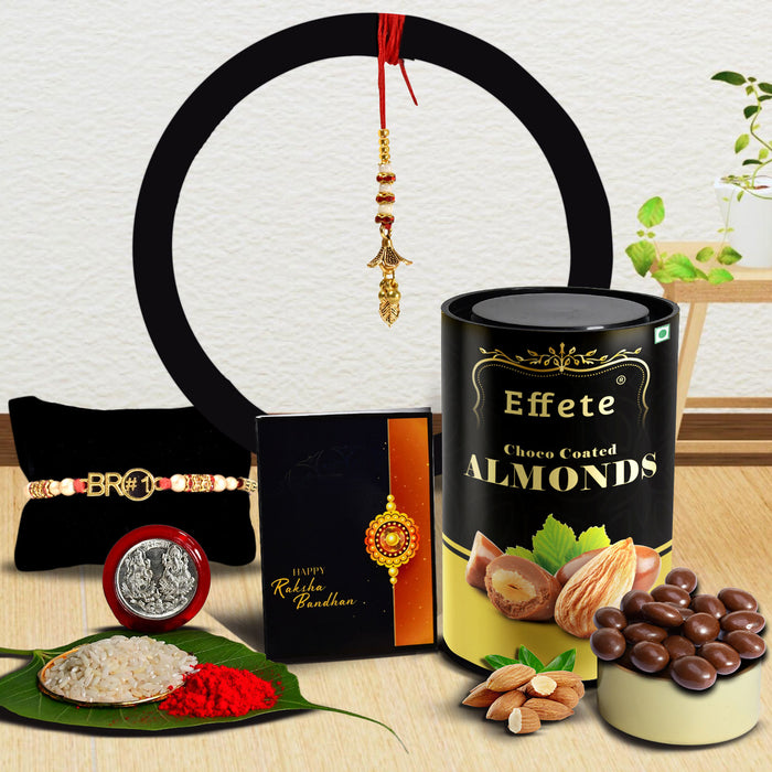 Red & Blue Mina With Diamond And Beads Rakhi With Effete Choco Almond Chocolate 96Gm ,Silver Color Pooja Coin, Roli Chawal & Greeting Card