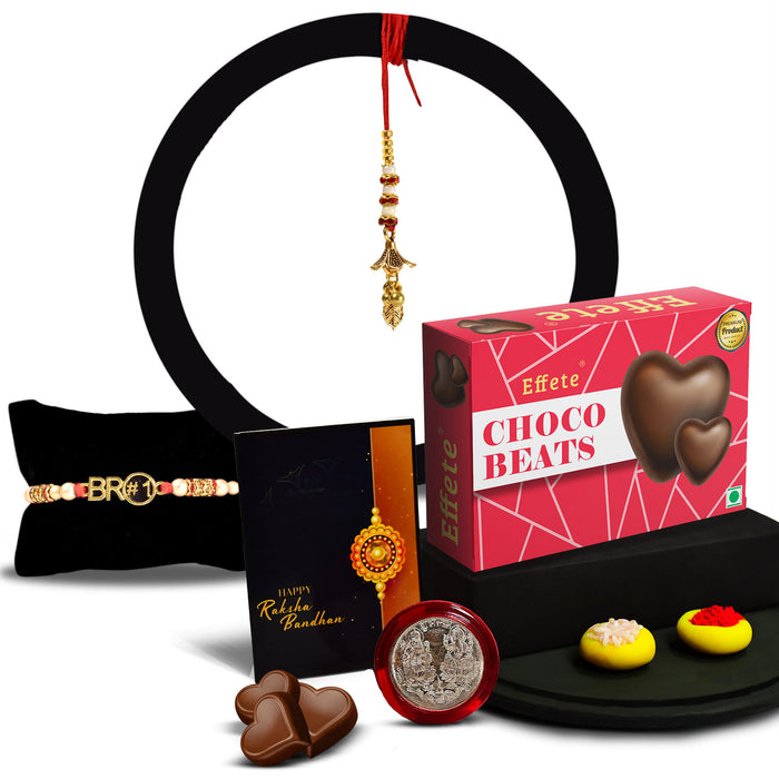 Red & Blue Mina With Diamond And Beads Rakhi With Effete Choco Beats Chocolate 32Gm ,Silver Color Pooja Coin, Roli Chawal & Greeting Card
