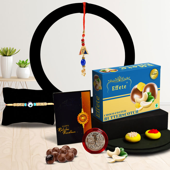 Traditional Design Diamond Rakhi With Effete Butterscotch Chocolate 32Gm ,Silver Color Pooja Coin, Roli Chawal & Greeting Card