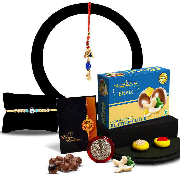 Traditional Design Diamond Rakhi With Effete Butterscotch Chocolate 32Gm ,Silver Color Pooja Coin, Roli Chawal & Greeting Card