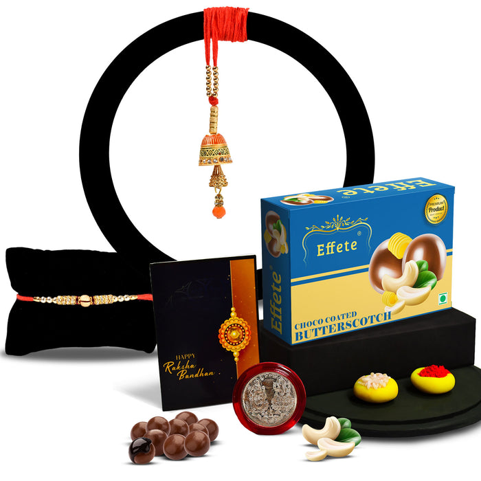 Traditional Rakhi With 3 Diamond With Effete Butterscotch Chocolate 32Gm ,Silver Color Pooja Coin, Roli Chawal & Greeting Card