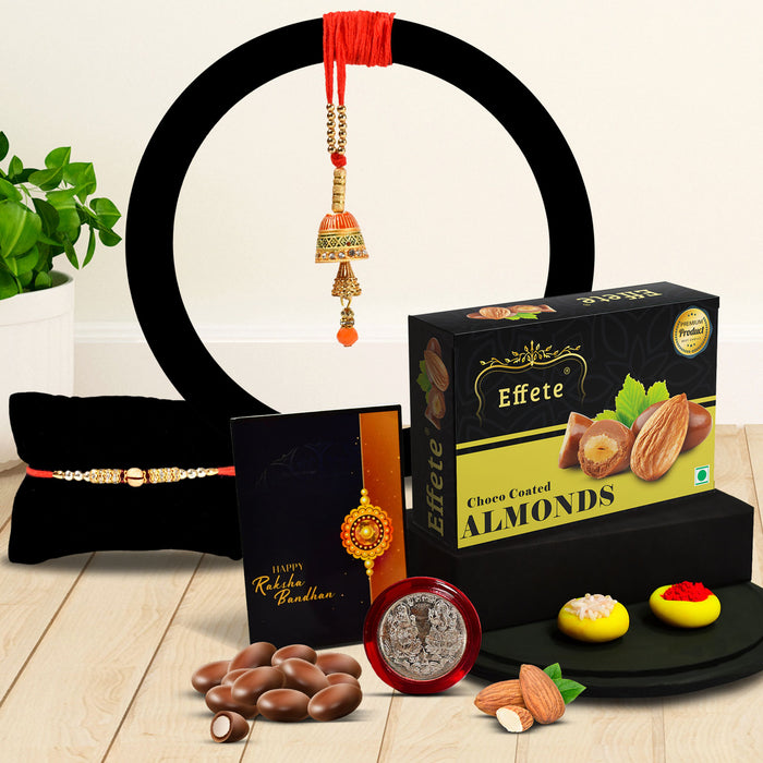 Traditional Rakhi With 3 Diamond With Effete Choco Almond Chocolate 32Gm ,Silver Color Pooja Coin, Roli Chawal & Greeting Card