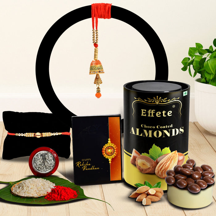 Traditional Rakhi With 3 Diamond With Effete Choco Almond Chocolate 96Gm ,Silver Color Pooja Coin, Roli Chawal & Greeting Card