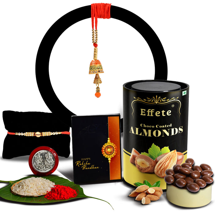 Traditional Rakhi With 3 Diamond With Effete Choco Almond Chocolate 96Gm ,Silver Color Pooja Coin, Roli Chawal & Greeting Card