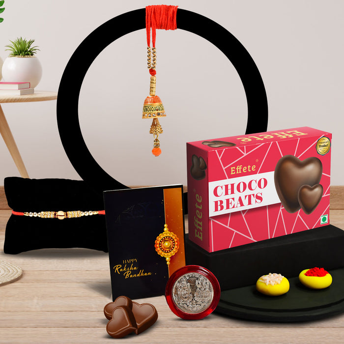 Traditional Rakhi With 3 Diamond With Effete Choco Beats Chocolate 32Gm ,Silver Color Pooja Coin, Roli Chawal & Greeting Card